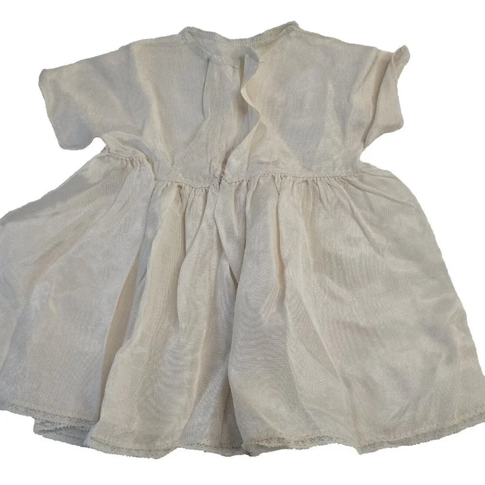 Vintage Baby Doll Dress Short Sleeve Bishop Smocked Beige Snap Fitted Bodice